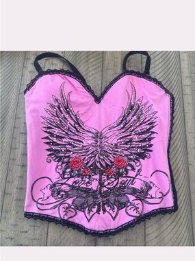 Dolls Kill Pink Lace-Trim Angel Wing Graphic Cami